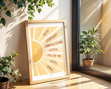 Lade das Bild in den Galerie-Viewer, modernes Poster mit einer Sonne, auf der Affirmationen stehen: ich bin mutig, ich bin liebenswert, ich bin stärker als ich denke, ich bin wertvoll, ich bin stolz auf mich, ich bin wichtig, ich bin genug