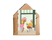 Lade das Bild in den Galerie-Viewer, farbenfrohe Karte mit Illustration einer Frau mit großem Blumenstrauß vor einem Blumenladen