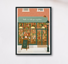 Lade das Bild in den Galerie-Viewer, Poster Buchladen mit detailreicher Illustration eines gemütlichen Bücherladens mit Spruch books can take you anywhere