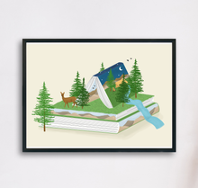 Lade das Bild in den Galerie-Viewer, Kunstdruck Bücherlandschaft mit Illustration eines Bücherstapels und Naturlandschaft in surrealem Stil für Lesebegeisterte und Naturliebhaber im Format A4