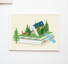 Lade das Bild in den Galerie-Viewer, Bücherlanschaft Poster mit Illustration einer Landschaft auf Bücherstapel