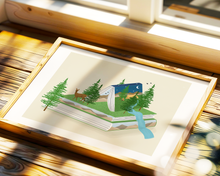 Lade das Bild in den Galerie-Viewer, sureales Poster mit Bücherstapel und Natur Zeichnung