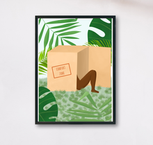 Lade das Bild in den Galerie-Viewer, mutmachender Kunstdruck comfort zone mit Motiv einer Frau in einer Kiste und Pflanzen