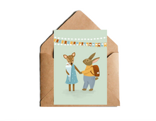 Lade das Bild in den Galerie-Viewer, süße Einschulungskarte mit Illustration von Reh und Hase als Schulkinder mit Schultüte und Mappe