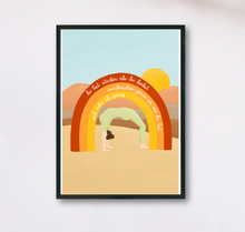 Lade das Bild in den Galerie-Viewer, ermutigender Kunstdruck mit Frau in Yogapose unter Regenbogen mit Aufschrift du bist stärker als du denkst, wunderschön genau so wie du bist und mehr als genug