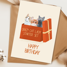 Lade das Bild in den Galerie-Viewer, humorvolle Geburtstagskarte mit süßen Katzen und Spruch crazy cat lady starter set