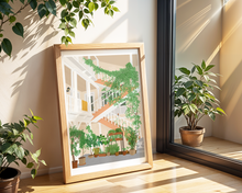 Lade das Bild in den Galerie-Viewer, bewachsener Hinterhof Illustration als botanisches Poster im mediterranen Stil