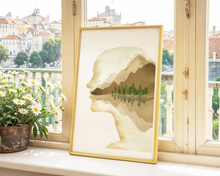 Lade das Bild in den Galerie-Viewer, abstrakter Kunstdruck mit surrealem aquarell Bildes eines Kopfes mit Landschaft in braun