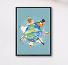 Lade das Bild in den Galerie-Viewer, Kunstdruck mit diversen Personen meditierend auf dem Planeten Erde mit blauem Hintergrund