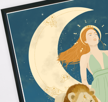 Lade das Bild in den Galerie-Viewer, Detailaufnahme der Illustration einer starken Frau im Mondschein