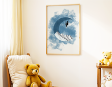 Lade das Bild in den Galerie-Viewer, verträumtes Kinderzimmer Poster mit Mond und Schaukel sowie Bergen in Blautönen