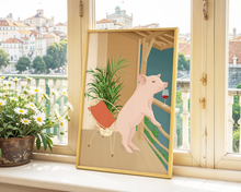 Lade das Bild in den Galerie-Viewer, lustiges Poster für Tierliebhaber mit Bild von einem Schwein mit einem Glas Wein auf einem Balkon