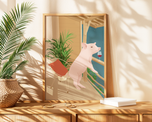 Lade das Bild in den Galerie-Viewer, witziges Poster mit einem stehenden Schwein mit einem Glas Rotwein auf einem Balkon, das glücklich in die Nacht blickt in kreativer Komposition