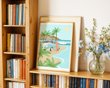 Lade das Bild in den Galerie-Viewer, maritimes Poster mit Palmen, Strand und Surfbrett in moderner Illustration