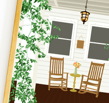 Lade das Bild in den Galerie-Viewer, Nahaufnahme des Kunstdrucks einer einladenden Terrasse mit Hausfassade