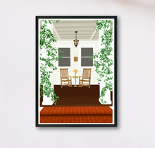 Lade das Bild in den Galerie-Viewer, Kunstdruck mit Illustration einer gemütlichen Terrasse mit Schaukelstühlen und Pflanzen