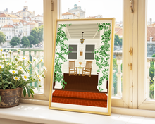 Lade das Bild in den Galerie-Viewer, dekorativer Kunstdruck in herbstlichen Farben mit Sitzecke vor einem Haus