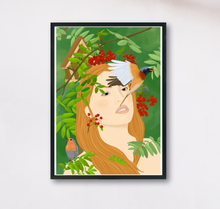 Lade das Bild in den Galerie-Viewer, Kunstdruck mit Illustration einer rothaarigen Frau umgeben von Vögeln in Grüntönen