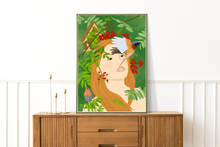 Lade das Bild in den Galerie-Viewer, großes Poster, welches das Gesicht einer schönen Frau und Vögel in Nahaufnahme zeigt