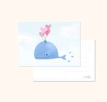Lade das Bild in den Galerie-Viewer, süße Postkarte Wal mit Herzballons