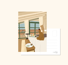 Lade das Bild in den Galerie-Viewer, Postkarte mit winterlicher Illustration eines Frühstücks im Bett