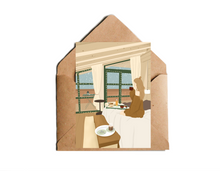 Lade das Bild in den Galerie-Viewer, Weihnachtskarte mit Winter Illustration einer Frau mit einem gemütlichem Frühstück ein einem Holzhaus