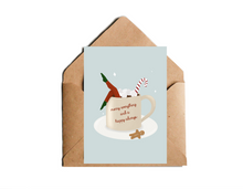 Lade das Bild in den Galerie-Viewer, moderne Weihnachtskarte mit Illustration heißer Schokolade in Tasse und Spruch merry everything and a happy always