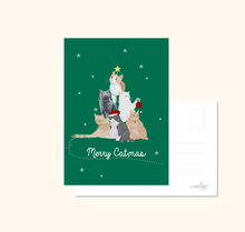 Lade das Bild in den Galerie-Viewer, lustige Weihnachtskarte mit Spruch Merry Catmas und Katzen, die sich zu einem Weihnachtsbaum stapeln