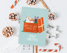 Lade das Bild in den Galerie-Viewer, Moderne Weihnachtskarte mit niedlichen Katzen und englischem Spruch Crazy Cat Lady Starter Set auf blauem verschneiten Hintergrund und Schriftzug Merry Christmas in einem Flatlay mit festlicher Dekoration