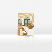 Lade das Bild in den Galerie-Viewer, winterliche Postkarte mit moderner Illustration eines Frühstücks im Bett im Winter