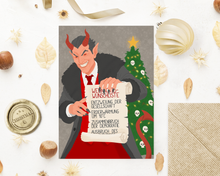 Lade das Bild in den Galerie-Viewer, politische Weihnachtskarte mit passendem Kraftpapier Umschlag. Die Weihnachtskarte zeigt eine Illustration eines Teufels mit seiner Weihnachtswunschliste - einer Antiwunschliste und setzt ein Zeichen für Demokratie und gegen Rechts