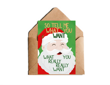Lade das Bild in den Galerie-Viewer, lustige Weihnachtskarte mit Illustration eines singenden Weihnachtsmannes und Songtextes des Popsongs Wannabe der Spricegirls auf englisch "So tell me what you want what you really really want" für Millenials