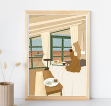 Lade das Bild in den Galerie-Viewer, Winter Kunstdruck mit Illustration eines Frühstücks im Bett am Weihnachtsmorgen