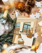 Lade das Bild in den Galerie-Viewer, feminine Winter Postkarte mit Frau in gemütlicher boho Winterhütte mit Kaffee und Frühstück