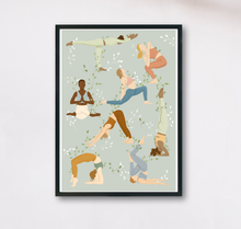 Lade das Bild in den Galerie-Viewer, Poster in blaugrau mit Frauen in Yogaposen und Blättern