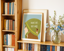 Lade das Bild in den Galerie-Viewer, blaues Statement Poster mit moderner Illustration und Aussage make art not war