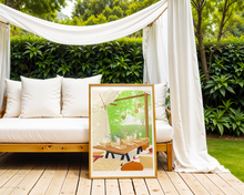 Lade das Bild in den Galerie-Viewer, Outdoor Deko Poster mit Kunstwerk eines Zeltes inmitten der atur mit gedecktem Esstisch und Trockenblumen sowie gemütlichen Kissen