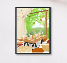 Lade das Bild in den Galerie-Viewer, Poster mit Malerei eines gemütlichen Zeltes mit gedecktem Tisch und vielen Kissen inmitten der Natur