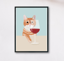 Lade das Bild in den Galerie-Viewer, humorvoller Kunstdruck mit Illustration einer Katze mit einem Glas Rotwein