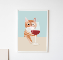 Lade das Bild in den Galerie-Viewer, Katze mit Wein Kunstdruck