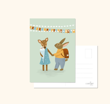 Lade das Bild in den Galerie-Viewer, Postkarte zur Einschulung mit liebevoller Illustration von Tieren Reh und Hase als Schulkinder