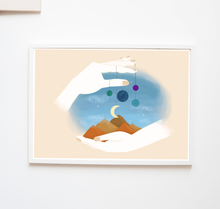 Lade das Bild in den Galerie-Viewer, Poster meine kleine Welt mit surrealer Illustration von weißen Händen, die eine Berglandschaft und Planeten tragen