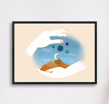 Lade das Bild in den Galerie-Viewer, Kunstdruck My little Universe mit surrealer Illustration zweier Hände, die eine kleine Welt mit Bergen und Planeten halten