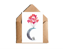 Lade das Bild in den Galerie-Viewer, Hochzeitskarte mit Liebespaar auf Mond und Herzballons