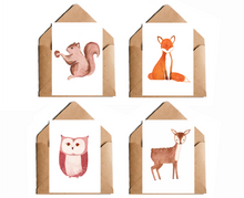 Lade das Bild in den Galerie-Viewer, Postkarten Waldtiere - Set aus 4 Karten mit Fuchs Eichhörnchen Reh und Eule