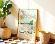 Lade das Bild in den Galerie-Viewer, Kunstdruck mit handgemaltem Balkon mit vielen bunten Blumen und einem gedeckten Frühstückstisch in A3
