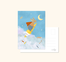 Lade das Bild in den Galerie-Viewer, Karte zur Einschulung mit Illustration eines Hasen auf einer Schultüte als Rakete, der in den Himmel fliegt
