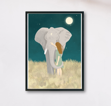 Lade das Bild in den Galerie-Viewer, Kunstdruck mit Illustration von Frau und Elefant unter Sternen
