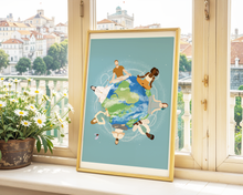Lade das Bild in den Galerie-Viewer, blaues Wandbild mit Abbildung diverser Männer und Frauen verschiedener Kulturen auf der Erde
