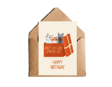 Lade das Bild in den Galerie-Viewer, Geburtstagskarte für Katzenliebhaberin mit Illustration von Katzen in einer Box mit Schriftzug crazy cat lady starter set und Happy Birthday Lettering
